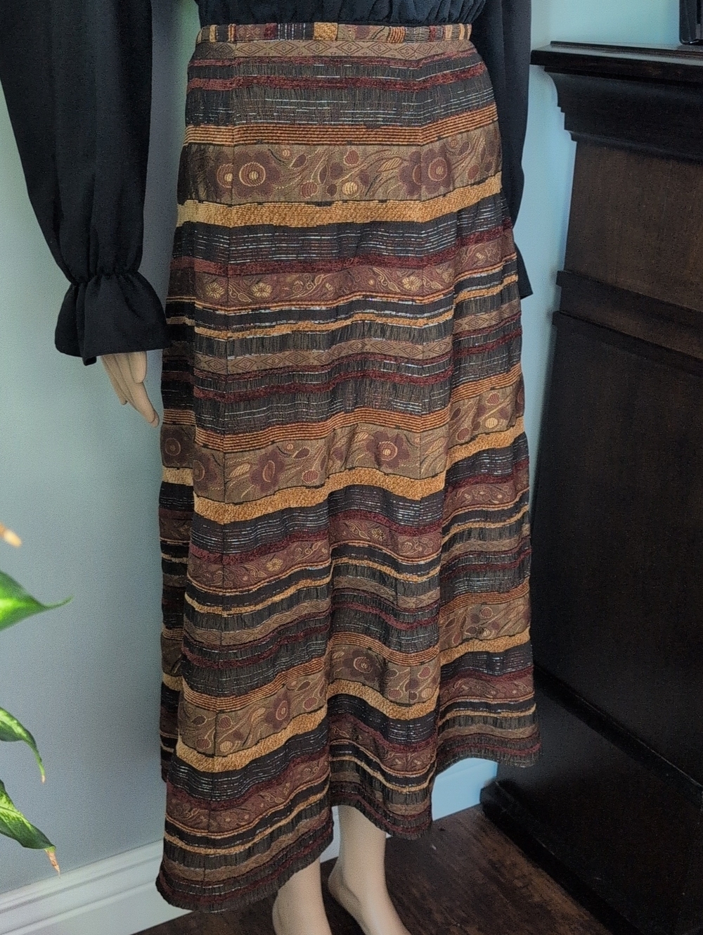 Gilani Vintage Boho Woven Midi Skirt Floral Stripe Earth Tones A-Line Size 18 - Picture 4 of 14